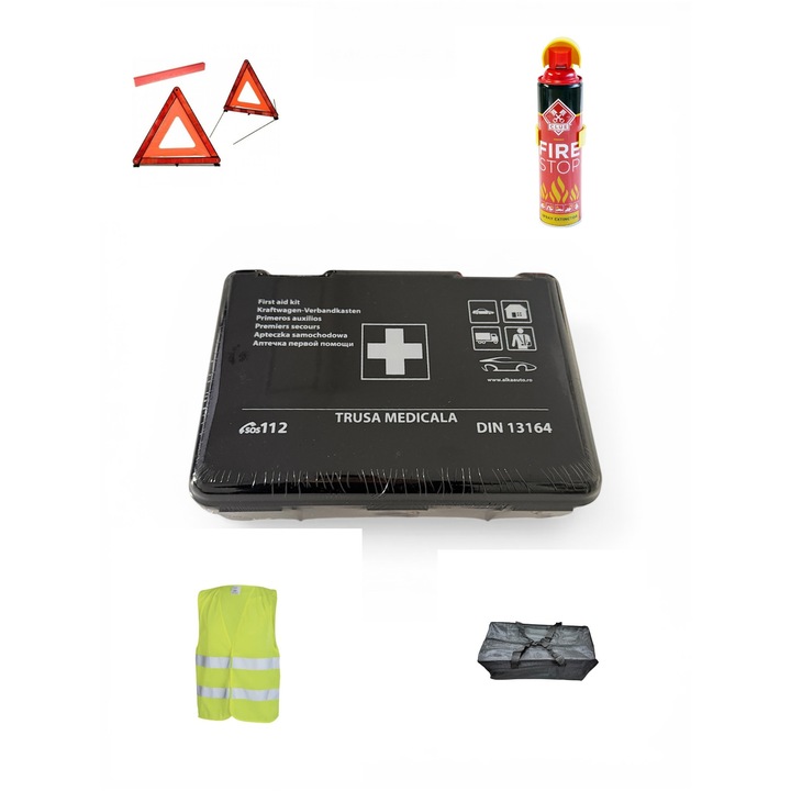 Kit Siguranta Auto PK MOT Premium - 2 Triunghiuri Reflectorizante, Stingator, Trusa Prim Ajutor, Vesta Reflectorizanta, Geanta Depozitare