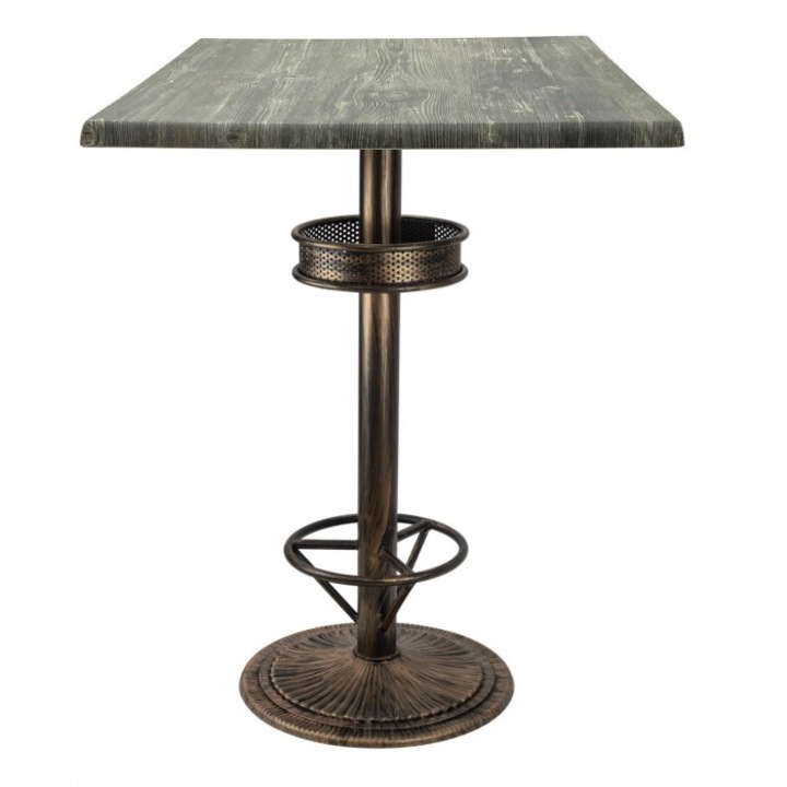 Masa inalta bar patrata 70x70xh112cm Raki Olp Pine blat werzalit si picior metalic aspect vintage bronz antichizat 50xh110cm