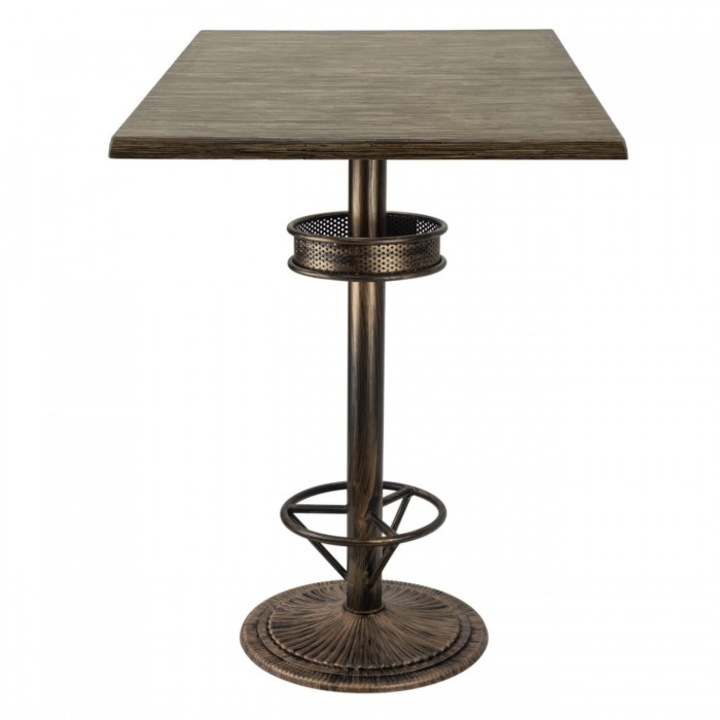 Masa inalta bar patrata 70x70xh112cm Raki Dark Seagrass blat werzalit si picior metalic aspect vintage bronz antichizat 50xh110cm