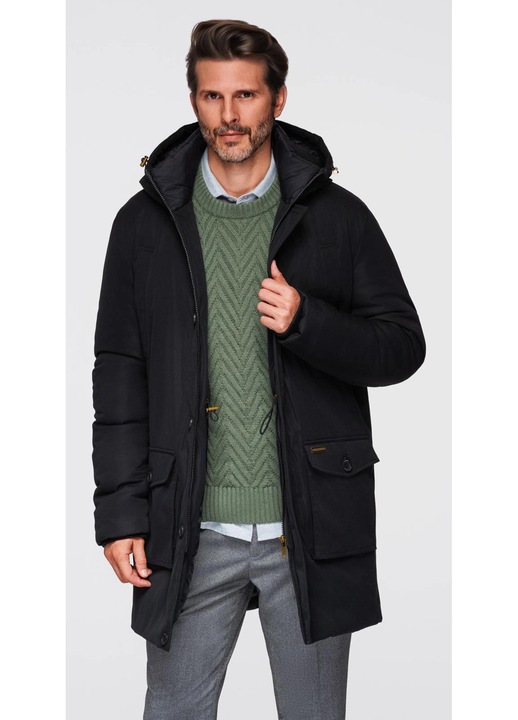 Parka eleganta cu buzunare cargo si gluga OMBRE OM-JAPJ-0287, Negru