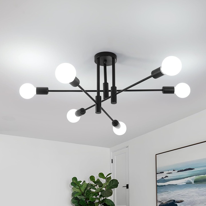 Плафониера, Модерен полилей, Goeco, Черен, Ретро, 6 крушки, E27, 71CM, Крушка не е включена, Подходящ за спалня, кухня и всекидневна