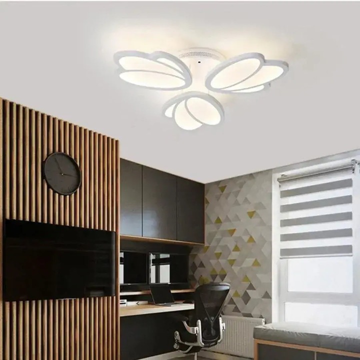Lustra LED moderna cu telecomanda, design floral cu 3 petale, lumina reglabila rece-calda-neutra, 47W, dimabila, alb