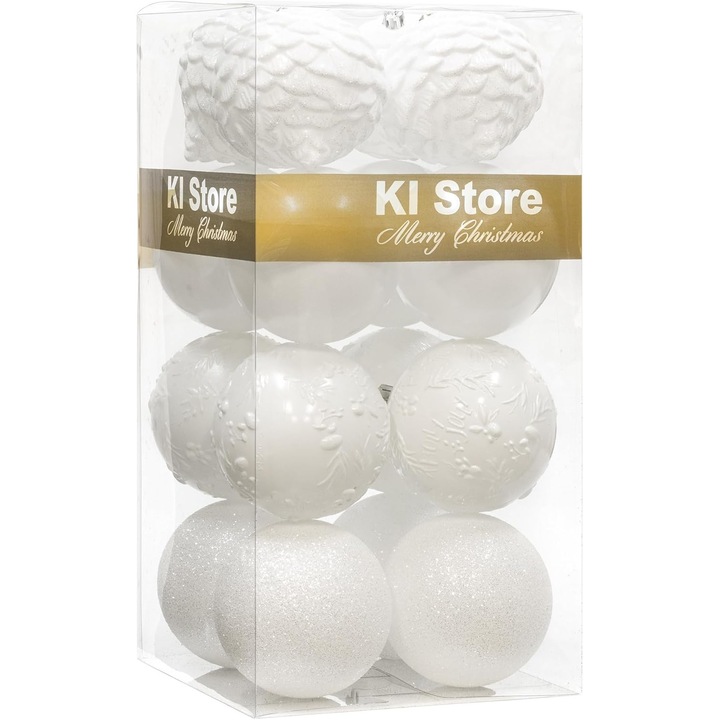 Set 16 Globuri de Craciun, VeliumCraft, Argintii, 10 cm diametru, 4 modele