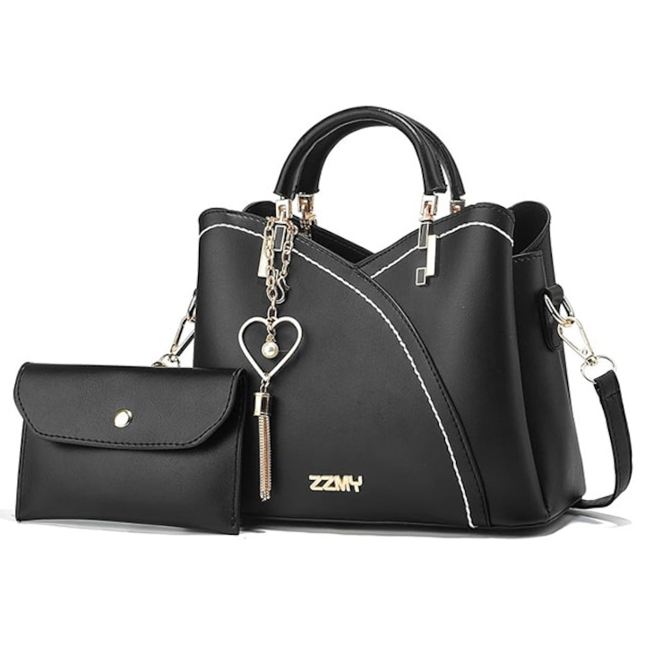 Set geantă cu portofel și pandativ inimă, 2 piese, piele ecologică, negru, 5 compartimente, cu bareta pentru umăr și două mânere fixe