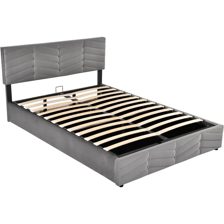 Pat tapitat, Pat dublu, 140x200 cm, Depozitare cu ridicare hidraulica, Tesatura din canepa, Tablie reglabila, Gri inchis