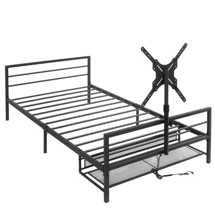 Pat tapitat 90x200 cm, Pat de gaming, Iluminare LED, Cos de depozitare sub pat, Cadru metalic, Suport reglabil, Negru