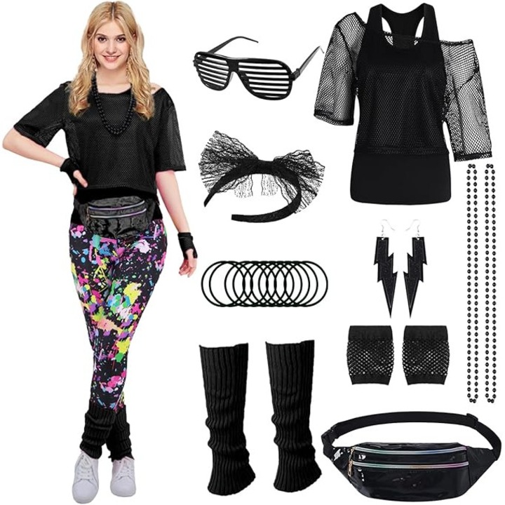 Set Complet Tinuta Anii '80 Miulruma - 13 Piese Retro, Culoare Negru, Marimea XL