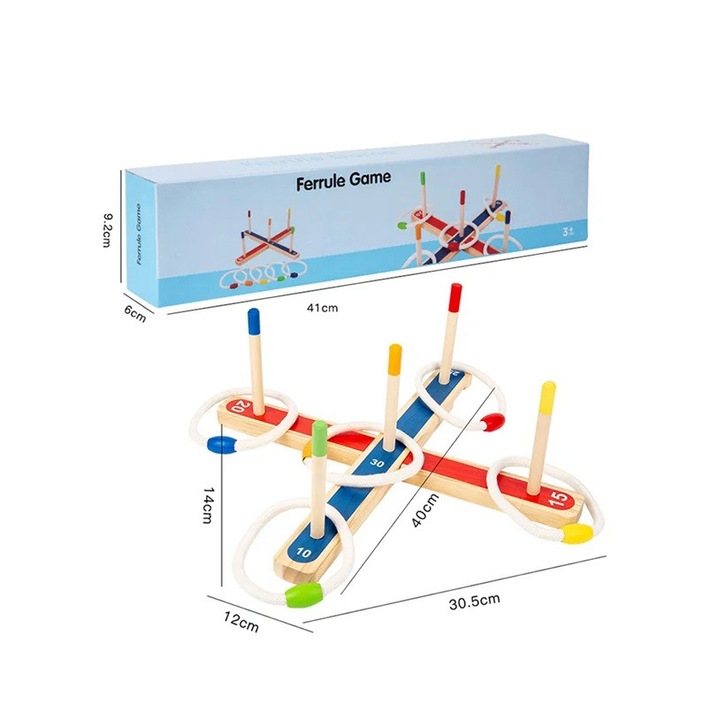 Fadobó játék, 5 karóval és 5 vastag zsinórgyűrűvel, beltéri és kültéri, 3+ éves kortól