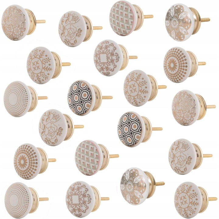 Set 20 butoane ceramice alb-aurii, 6,5x4cm, design Art Deco