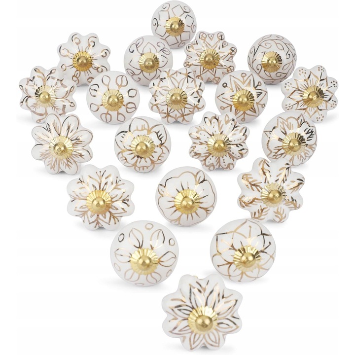 Set 20 butoane ceramice albe si aurii, 6.5x4cm, pentru mobilier