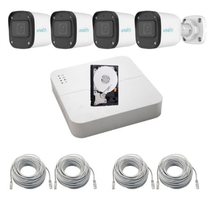 Teljes Uniarch megfigyelőrendszer, 4 IP kamera 2MP Full HD, Infravörös 30m, Mikrofon, PoE, NVR 4 csatorna, Mobilról megtekintés, Szerelési tartozékok, HDD 500GB