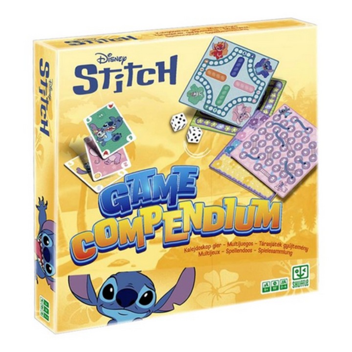 Set jocuri de societate Disney Stitch, 4 planse 26x26cm, 16 pioni, 3 zaruri, carti de joc