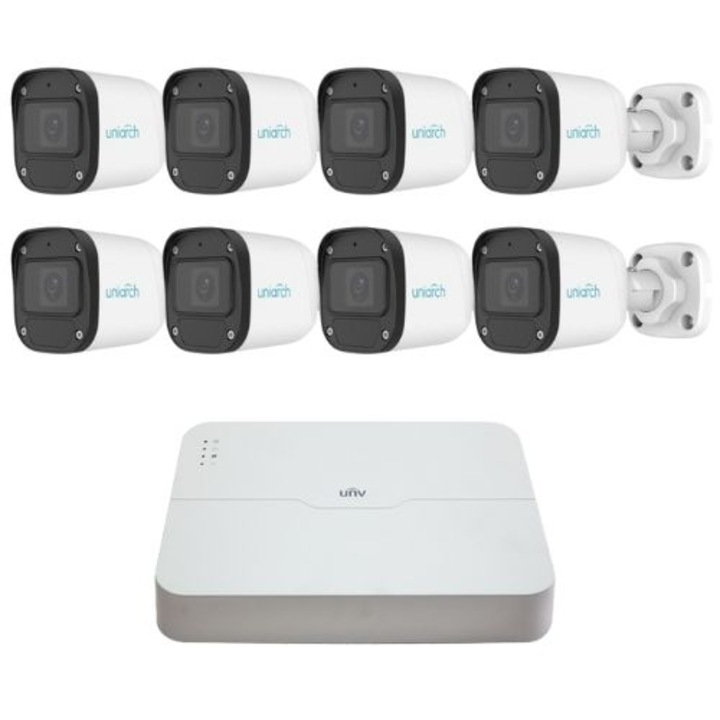 Uniarch IP megfigyelőrendszer, 8 db 2MP Full HD kamera, Mikrofon, IR 30m, Kültéri, Mobil nézet, NVR 8 csatorna