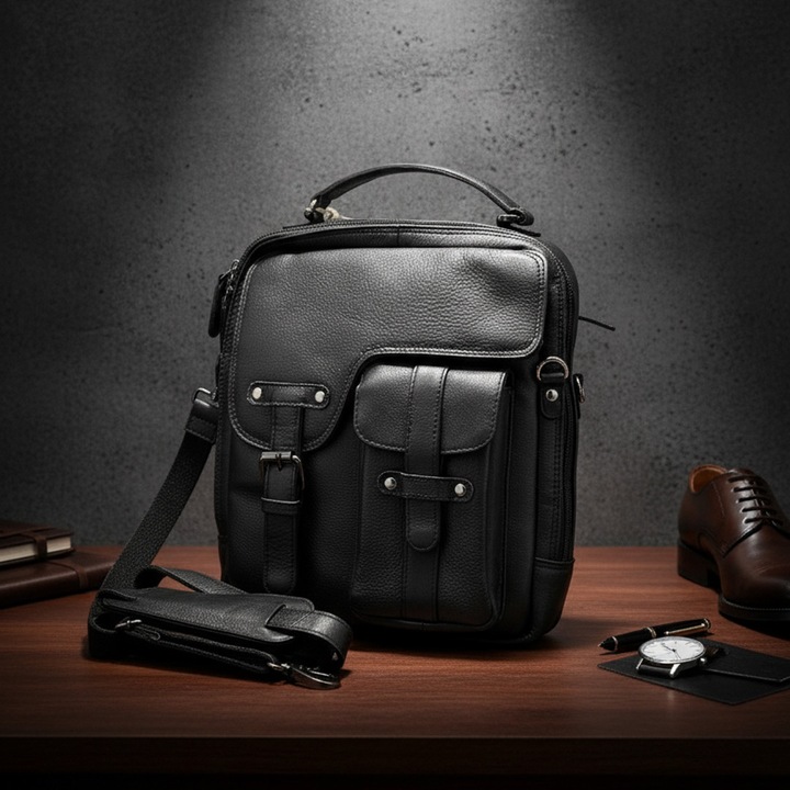 Geanta de Umar Barbati Hunter Legacy, Piele Naturala de Vanat, HandMade, 25x28x7 cm, Culoare Negru