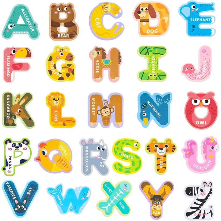 Set 26 litere magnetice Kengege animale colorate, carton 5x5cm