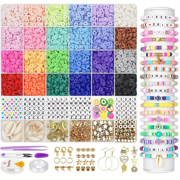 Комплект гривни от полимерна глина, 5520 мъниста в 24 цвята, 550 аксесоара, Kengege