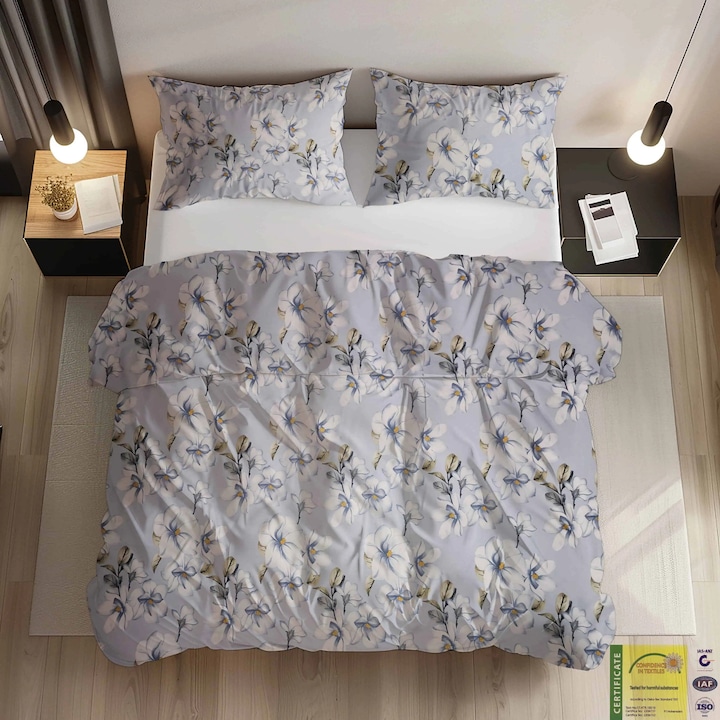 Set Lenjerie de Pat 3 piese(husa pilota 140x200, fete de perna 50x70) Lux Ranforce 100% Bumbac, Imprimeu Floral Magnolia, Cu Fermoar – Eleganta Naturala si Confort Superior