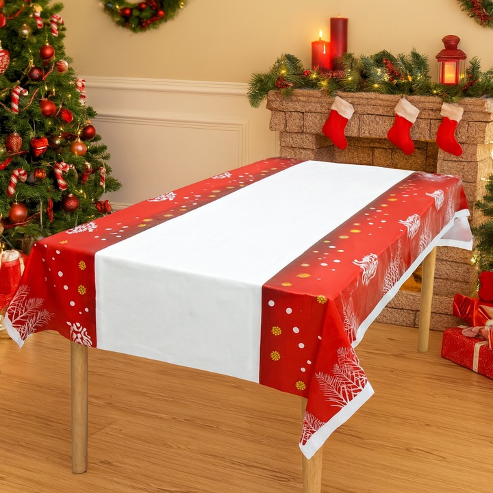 Téglalap alakú karácsonyi abrosz, minőségi PVC-ből, „Merry Christmas” mintával, könnyen tisztítható, 2,5 mm vastag, 180 x 108 cm, fehér / piros