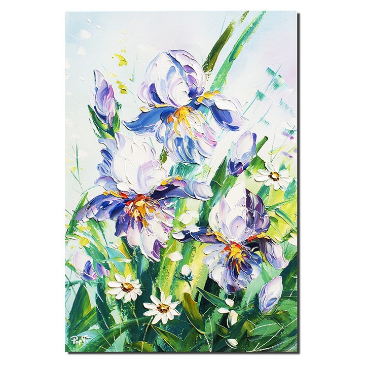 Tablou Irisi si margarete pictat manual, 60x40cm ulei pe panza in cutit efect 3D, Valentin Pop
