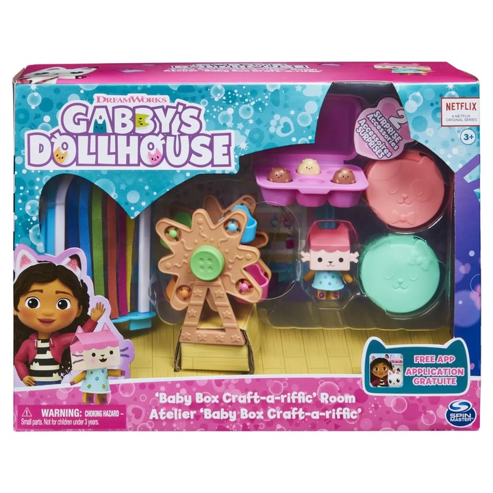 Set figurine Gabby's Dollhouse, Spin Master, cameră deluxe tematică, figurină Bebe Cutița, multicolor