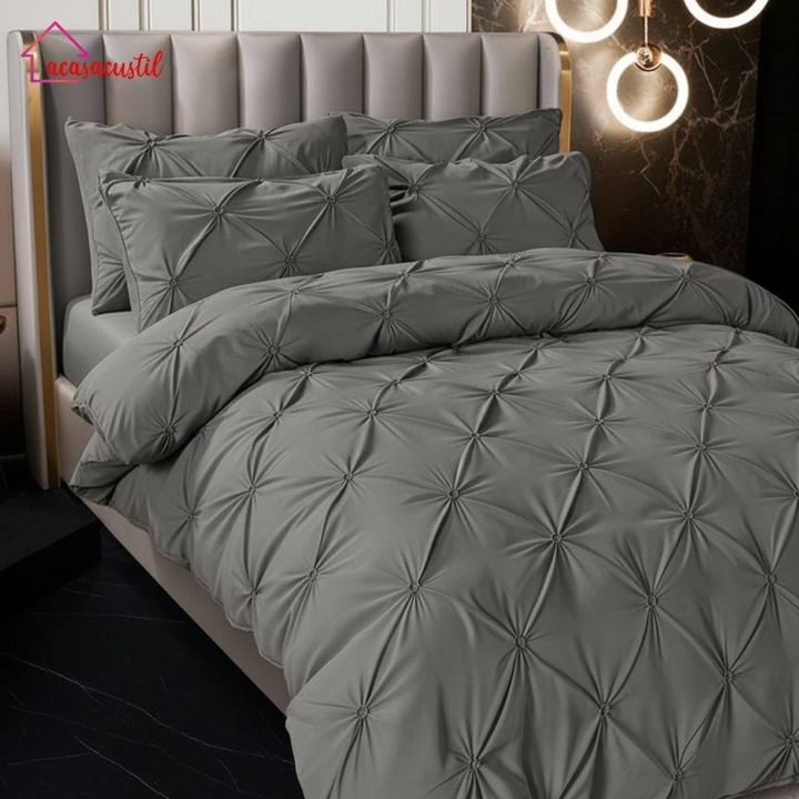 Lenjerie de Pat PREMIUM, 6 piese, din Microfibra / Finet, model Plisat (Pinch Pleat), Cearsaf de Pat Normal, Kaki