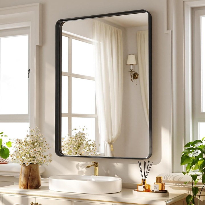 Oglindă de perete Koonmi, rectangulară, aluminiu negru, 90x60cm, montaj orizontal sau vertical