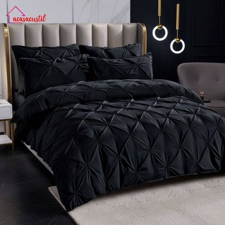 Lenjerie de Pat PREMIUM, 6 piese, din Microfibra / Finet, model Plisat (Pinch Pleat), Cearsaf de Pat Normal, Negru