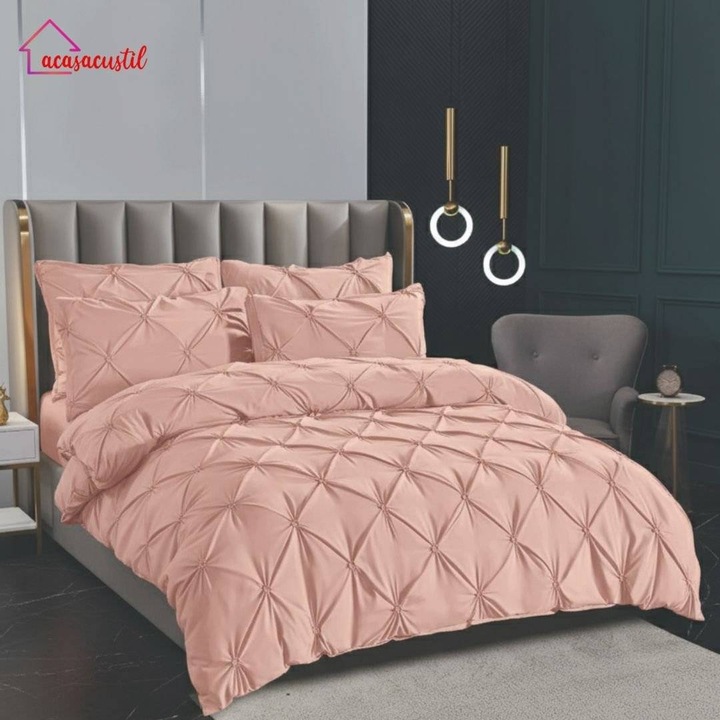 Lenjerie de Pat PREMIUM, 6 piese, din Microfibra / Finet, model Plisat (Pinch Pleat), Cearsaf de Pat Normal, Roz Pudrat