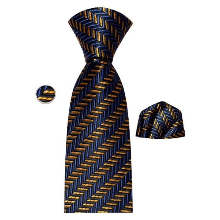 Set cravata matase + batista + butoni, galben cu bleumarin, SCR020