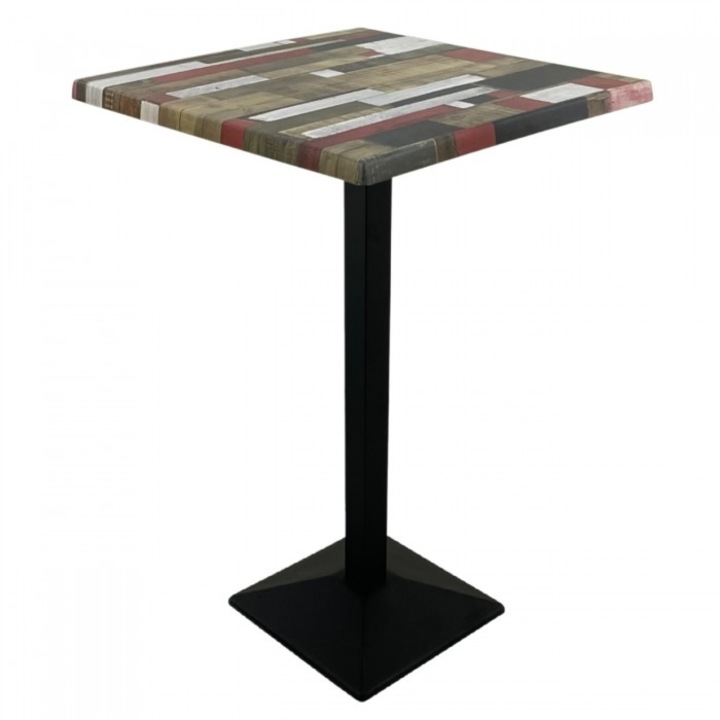 Masa inalta bar patrata 80x80xh112cm Raki Redden Wood blat werzalit si picior metalic negru 40x40xh110cm