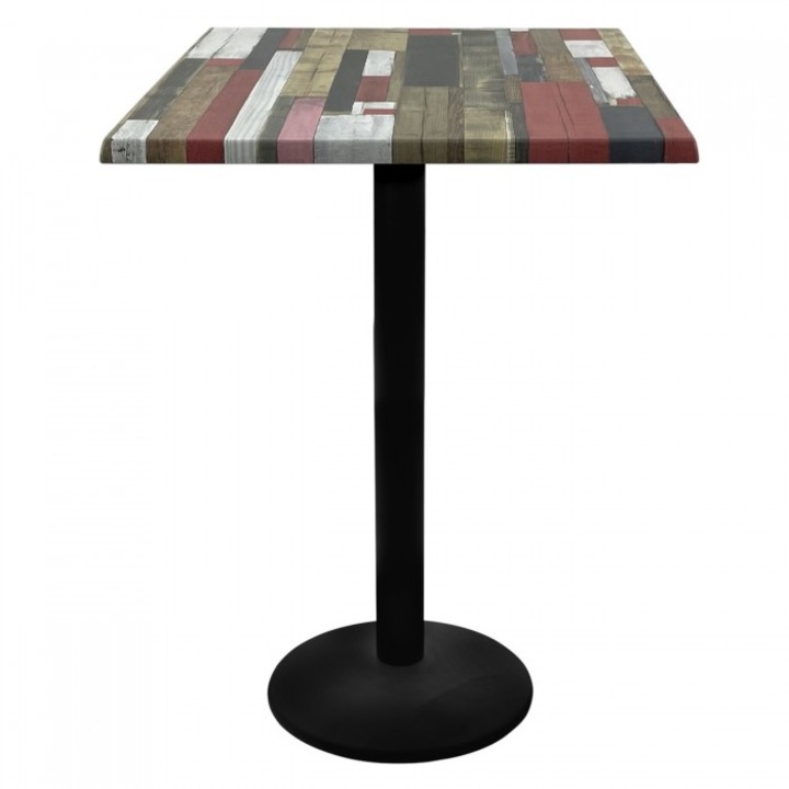 Masa inalta bar patrata 70x70xh112cm Raki Redden Wood blat werzalit si picior metalic negru 43xh110cm
