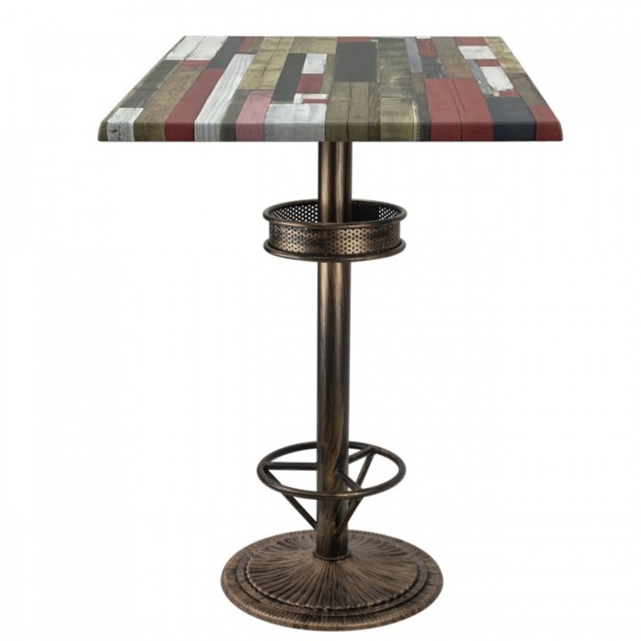 Masa inalta bar patrata 70x70xh112cm Raki Redden Wood blat werzalit si picior metalic aspect vintage bronz antichizat 50xh110cm