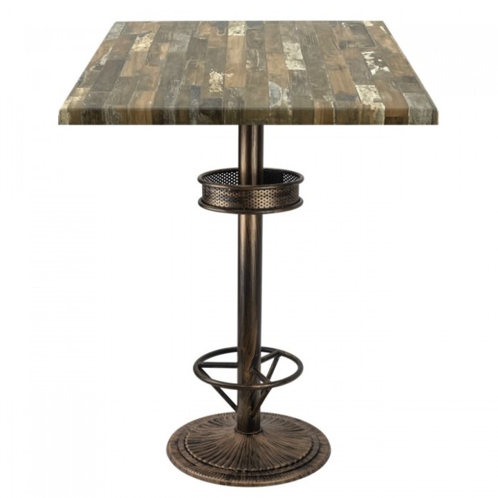 Masa bar patrata Raki Maracaibo 80x80xh112cm blat werzalit si picior metalic aspect vintage bronz antichizat 50xh110cm