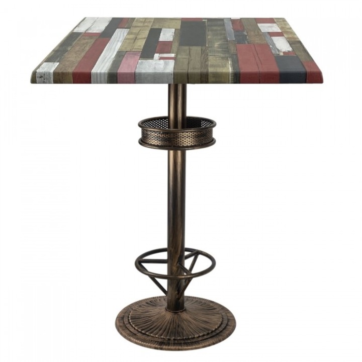Masa inalta bar patrata 80x80xh112cm Raki Redden Wood blat werzalit si picior metalic aspect vintage bronz antichizat 50xh110cm