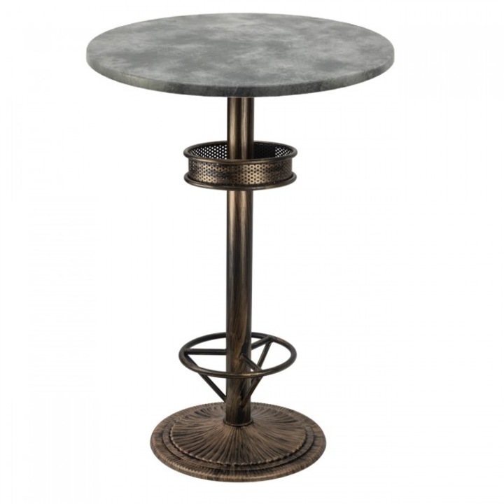 Masa bar Raki Copperfield blat werzalit 70xh112cm cu picior metalic aspect vintage bronz antichizat 50xh110cm