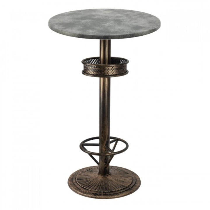 Masa bar Raki Copperfield 60xh112cm blat werzalit si picior metalic aspect vintage bronz antichizat 50xh110cm