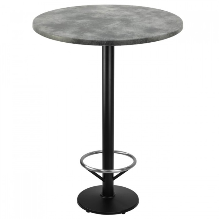Masa inalta bar rotunda blat werzalit 80xh112cm Raki Copperfield si picior metalic negru cu suport picioare 43xh110cm