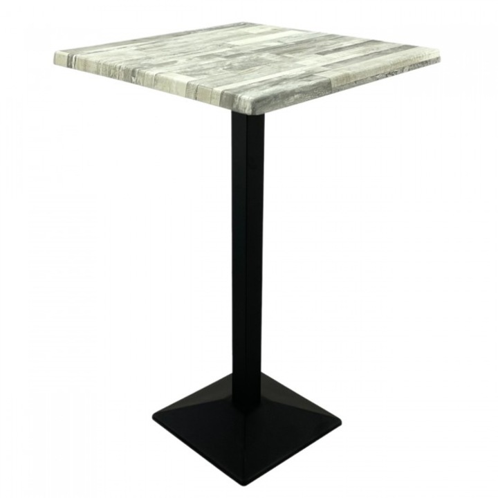 Masa bar patrata blat werzalit 80x80xh112cm Raki White Block cu picior metalic negru 40x40xh110cm