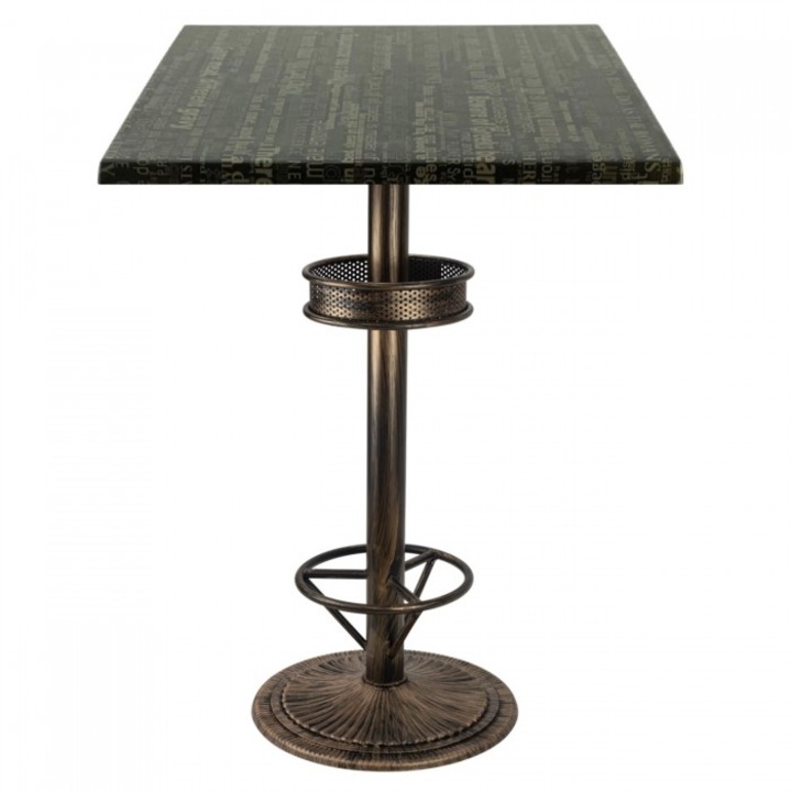 Masa bar patrata Raki Graphite Night blat werzalit 70x70xh112cm cu picior metalic aspect vintage bronz antichizat 50xh110cm