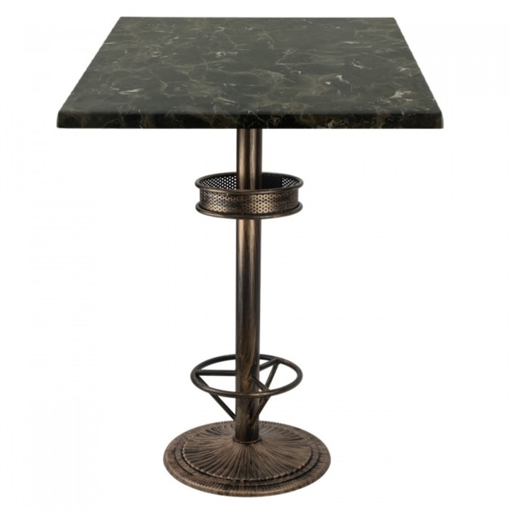 Masa inalta bar patrata Raki Karacabey Dark Marble 70x70xh112cm blat werzalit si picior metalic aspect vintage bronz antichizat 50xh110cm