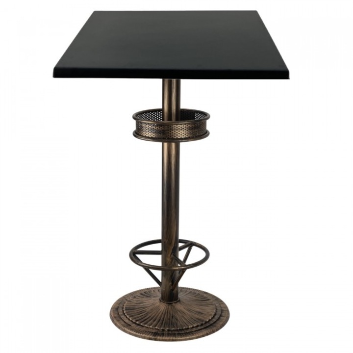 Masa bar patrata blat werzalit negru 70x70xh112cm Raki Black cu picior metalic aspect vintage bronz antichizat 50xh110cm