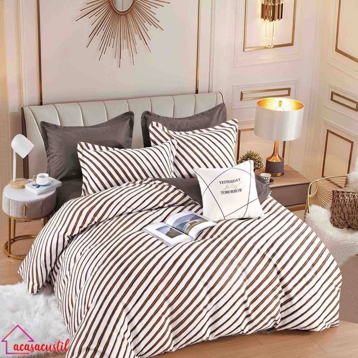 Lenjerie de pat din finet, 6 piese, model dungi diagonale, cearsaf cu elastic 180x200 cm, cearsaf pilota 200x220 cm, fete de perna 50x70 si 70x70 cm, maro cu alb