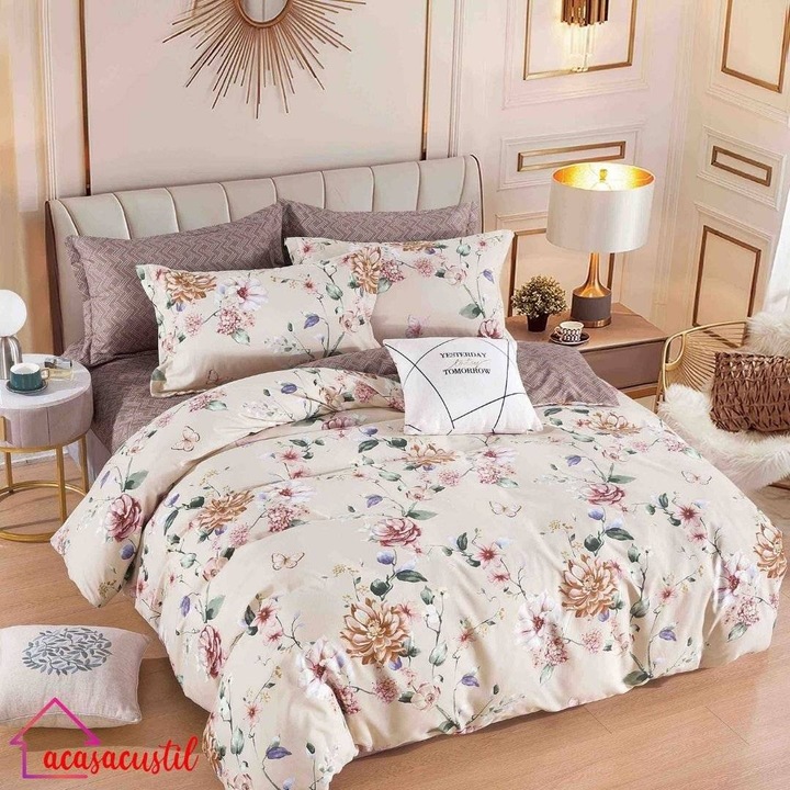 Lenjerie de pat din finet, 6 piese, model floral romantic cu fluturasi, cearsaf cu elastic 180x200 cm, cearsaf pilota 200x220 cm, fete de perna 50x70 si 70x70 cm, Crem-Lila