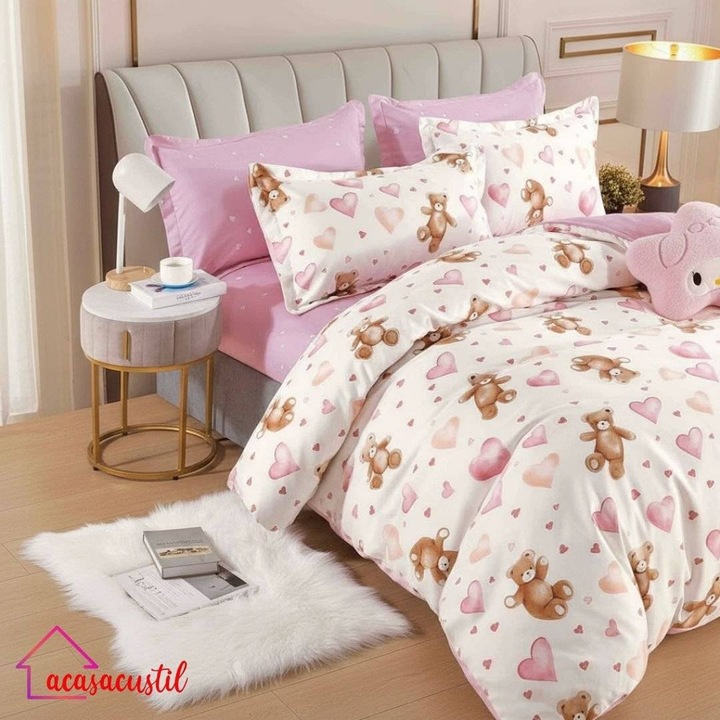 Lenjerie de pat din finet, 6 piese, ursuleti si inimioare roz, alb-roz