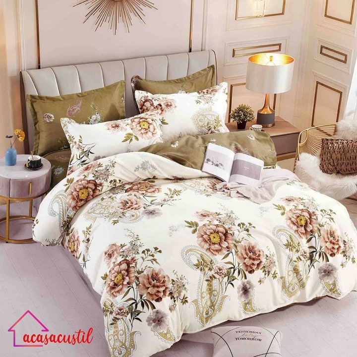 Lenjerie de pat din finet, 6 piese, model floral elegant cu bujori si paisley, cearsaf cu elastic 180x200 cm, cearsaf pilota 200x220 cm, fete de perna 50x70 si 70x70 cm, Crem-Verde Olive