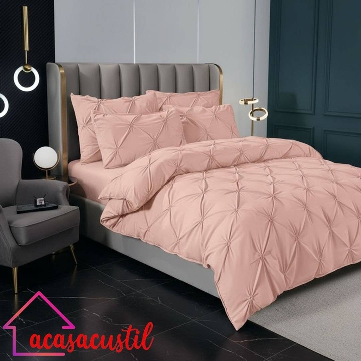 Lenjerie de pat din finet, 6 piese, model uni texturat Pintuck, cearsaf cu elastic 180x200 cm, cearsaf pilota 200x220 cm, fete de perna 50x70 si 70x70 cm, Roz Prafuit