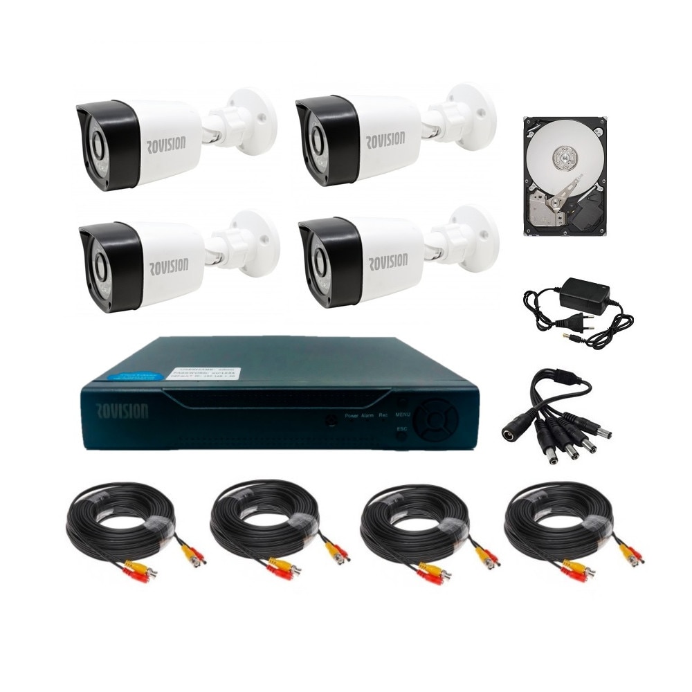 Sistem supraveghere 4 camere exterior MP full hd IR 20 m, DVR, HDD 500 GB, accesorii full - eMAG.ro