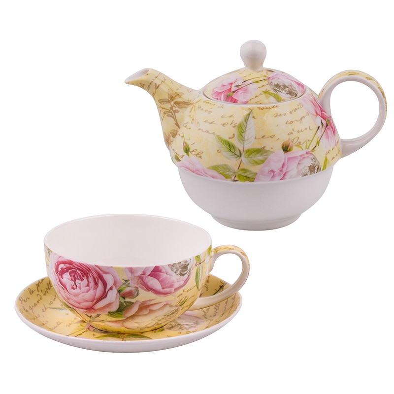 Set de portelan ceasca 250ml cu farfurie si ceainic cu capac, Lancaster