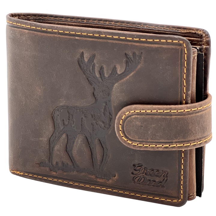 Portofel Barbati Personalizat cu Cerb Vanatoresc, Maro Vintage, 12X10X2 CM