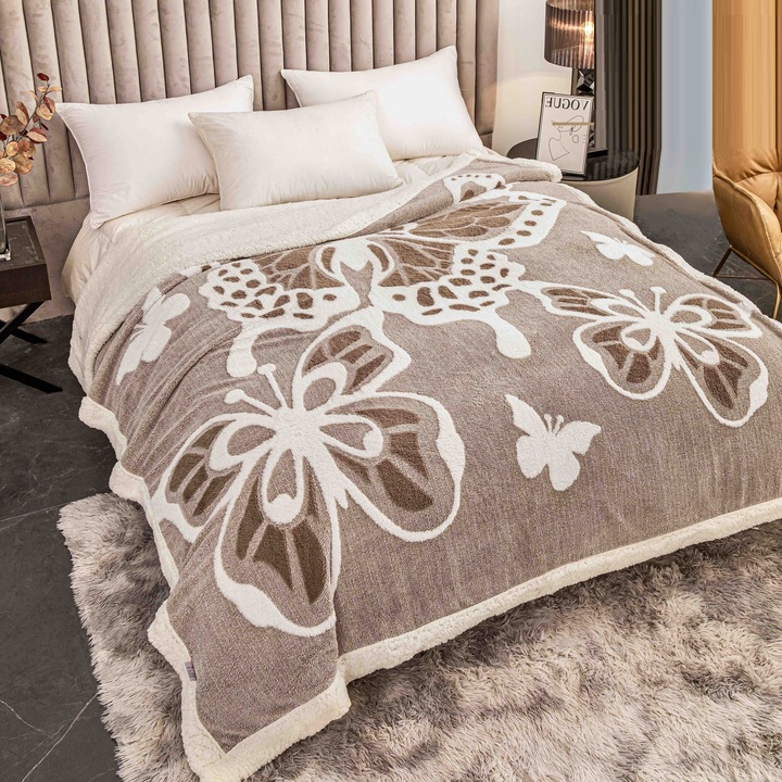 Patura Cocolino CHIRASO, 200x230 cm, Fluturi 3D Grofat, cu Blanita pe interior, Moale si Calduroasa, maro deschis